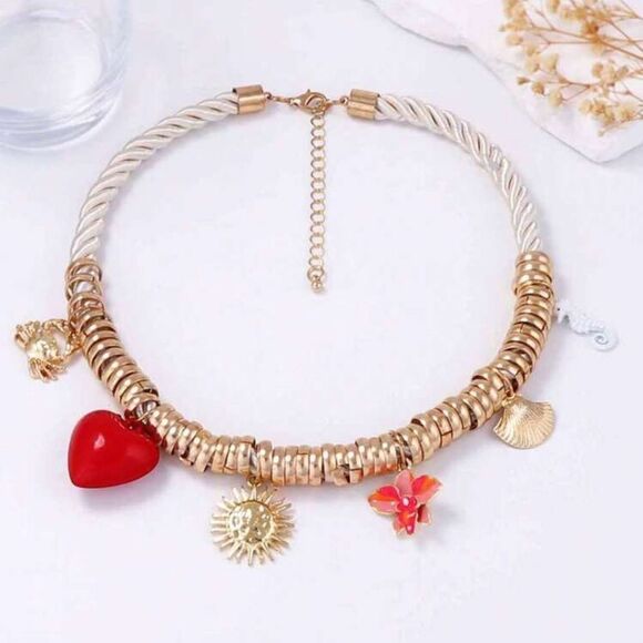 Gold and Red Charm Necklace A1218 - Picture 2 of 4